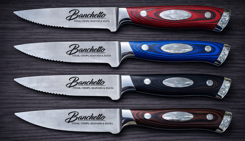 Branded steak knives with custom restaurant logo engraving